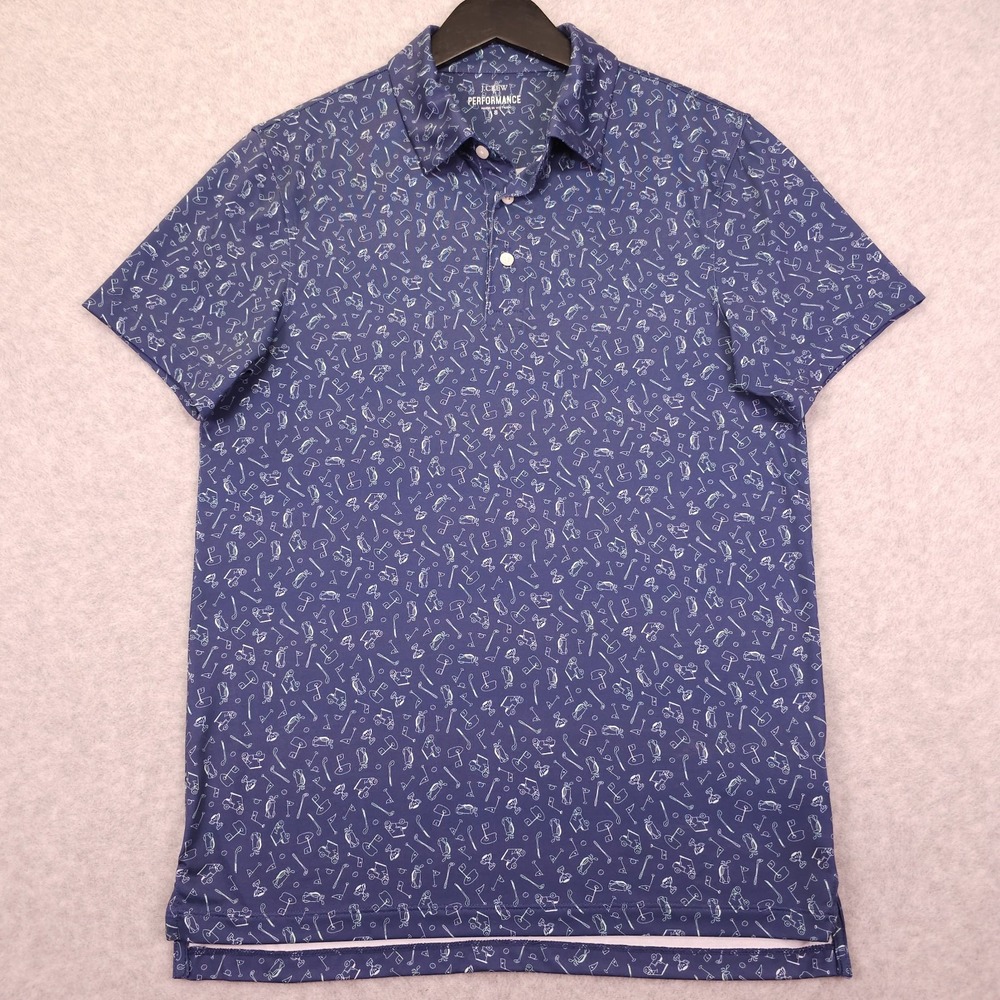 J Crew Performance Polo Shirt Mens Small Blue Green Golf Cart Club Tee All Over